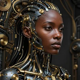 vibrant portrait of beautiful black plastic skin cyborg woman by sandra chevrier laurie greasley gustave dore ron english, cybernetics, black and golden wires, hyper realistic detailed intricate render, hypermaximalist, ornate, epic composition, 4 k 8 k, cryengine octane, sharp focus, concept art, masterpiece