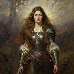 beautiful female warrior, half body portrait, long flowing hair, standing in a fantasy environment, realistic oil painting by Thomas Cole and Wayne Barlowe