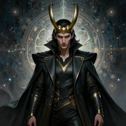 dark portrait of loki as a techno wizard, fantasy, intricate, elegant, highly detailed, digital painting, artstation, smooth, sharp focus, illustration, epic fractal circuit background, artgerm, alphonse mucha, epic cosmic background, erak note, eddie mendoza, christophe young, craig mullins, evan lee, silvain sarrailh, dao trong le, kan liu, character design, trending on artstation