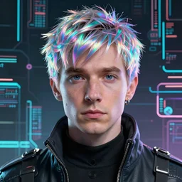 A portrait of Thom Yorke as a cyberpunk, iridescent highlights, background of digital greebles, highly detailed, intricate, soft, sci-fi, sharp focus, glowing lines, art by Ruan Jia and Moebius