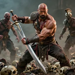 film still, a highly detailed beautiful closeup photo of dwayne johnson kratos hybrid god of war holding a sword and fighting zombies on a pile of human skulls, spartan warrior, olympian god, muscular!,, action pose, ambient lighting, volumetric lighting, octane, fantasy