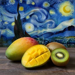mango and kiwi fruits beautiful still life by vincent van gogh, night