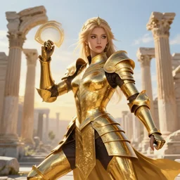 portrait knights of zodiac girl, golden and copper reflected armor, karate pose, in ruined agora of athens sunrise, ssci - fi and fantasy, intricate and very very beautiful and elegant, highly detailed, digital painting, artstation, concept art, smooth and sharp focus, illustration, art by z - - ed deviantart