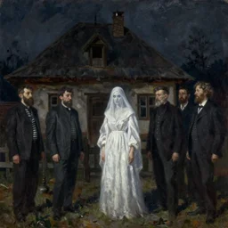 realistic, meszoly geza, atmoshperical, oil canvas by szinyei merse pal, and lotz karoly - n 9 - g, mednyanszky laszlo,! dream a ( ( ghost woman in white dress ) ) in front of a 1 9 th century, shadows, dark, mysterious, highly detailed, midnight, old hungarian peasant house. closeup