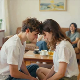 painting of a a young man and woman accidentally bumping their heads while a third friend laughs in the living room, high details