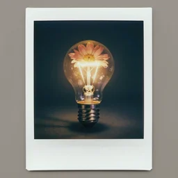 a glowing lightbulb, a flower inside, polaroid photo, surreal,