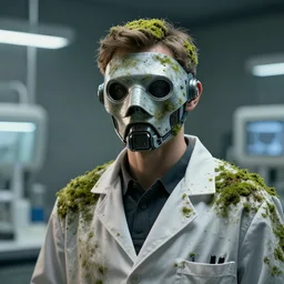 a beautiful realistic man wearing a futuristic mask and a lab coat, lab covered in mold and moss, photorealistic, octane render, volumetric lighting,