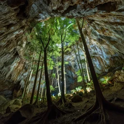 Stunning photo of an underground cave with trees growing inside