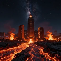 mega city made of magma and fire in the night starry sky