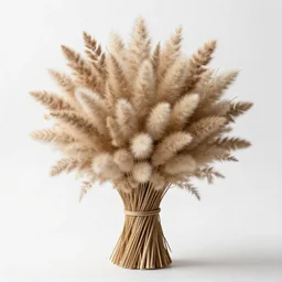 fluffy dried flower arrangement, high detail photograph, full body, isolated on a pure white background, centered, entire subject in frame, sharp focus, soft studio lighting