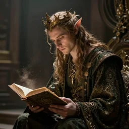 a 1 3 th century, enigmatic, melancholic, fae king ( look like ( ( forthy years old james frain ) ), is ( ( reading an old book ) ). light dust, magnificent, hyperdetailed, theatrical, painted by darekzabrocki