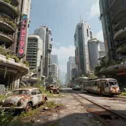 low wide angle shot of dilapidated fallout 5 europa, retro futuristic overgrown euro cityscapes, desolate, dilapidated neon signs, few rusted retro futuristic vintage parked vehicles like cars, buses, trucks, trams, volumetric lighting, photorealistic, daytime, spring, clear weather, sharp focus, ultra detailed, 3 5 0 0 k