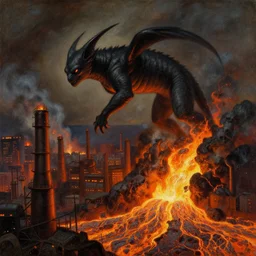 chimera on the flowing lava melting a industrial city. painting by asher brown durand, moebius