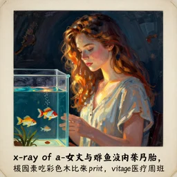 “x-ray of a woman with aquarium fish in her stomach, catalog drawing colorful woodblock print, vintage medical journal”