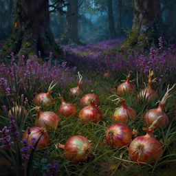 the onions of the forest heath,art by Rodney Matthews,trending on artstation, toxic lighting high angle view,film poster,world of warcraft ,hyperrealism ,impressionism ,final,