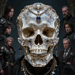 A fancy portrait of a crystal skull covered in jewelry by Greg Rutkowski, Sung Choi, Mitchell Mohrhauser, Maciej Kuciara, Johnson Ting, Maxim Verehin, Peter Konig, Bloodborne, 8k photorealistic, cinematic lighting, HD, high details, dramatic, atmospheric , trending on artstation