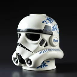 a stormtrooper head vase, with highly detailed painted durch ceramics, art pottery, delftware, by james jean