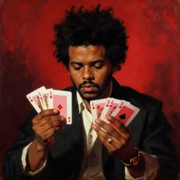the weeknd playing cards at night by giuseppe arcimboldo, brown skin, classical painting, digital painting, romantic, vivid color, red tint