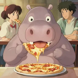 a very fat hippo eating pizza, illustration concept art anime key visual trending pixiv fanbox by wlop and greg rutkowski and makoto shinkai and studio ghibli and kyoto animation symmetrical facial features