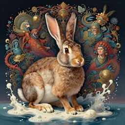 jack rabbit melting into wet sea foam by Chie Yoshii and Casey Weldon and Guillermo del toro and , ornate, dynamic, particulate, rich colors, intricate, elegant, highly detailed, centered, digital painting, artstation, concept art, smooth, sharp focus, illustration, octane render
