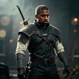 kanye west in the witcher 3, splash art, movie still, cinematic lighting, dramatic, octane render, long lens, shallow depth of field, bokeh, anamorphic lens flare, 8 k, hyper detailed, 3 5 mm film grain