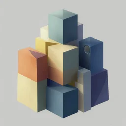 abstract geometric art made of boxes of varied sizes and colours, arranged like modern architecture, three point perspective, 1 2 mm focal lens, analogous complementary colour scheme, hyperrealism, octane render