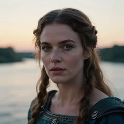 closeup photographic portrait of a stunningly beautiful renaissance celtic warrior female in soft dreamy light at sunset, beside the river, soft focus, contemporary fashion shoot, hasselblad nikon, in a denis villeneuve movie, by edward robert hughes, annie leibovitz and steve mccurry, david lazar, jimmy nelsson, hyperrealistic, perfect face