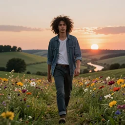 realistic portrait of rick sanchez, walking in a field. france, dordogne, hills, ultra high, face to camera, detail, 8 k, sunset, flowers, trees, river, hills octane render.