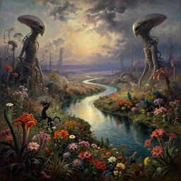 a flowering alien landscape with a winding river reflecting the sky, alien flora, cinematic light, in the style of martin johnson heade and h. r. giger and francisco de goya!