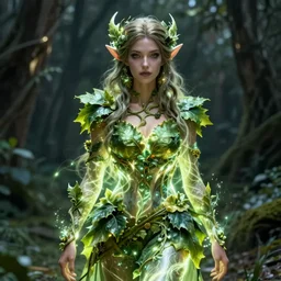 a woman spore druid with leaf and vine themed clothing, fully clothed, glowing energy, D&D, fantasy, intricate, cinematic lighting, highly detailed, digital painting, artstation, concept art, smooth, sharp focus, illustration, subject in the middle of the frame,  art by Artgerm and Greg Rutkowski and Alphonse Mucha