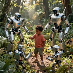 a black kid playing with futuristic robots in the nature, mixing solarpunk, afropunk, cyberpunk, ( ( ( ( volumetric light ) ) ) ), high angle, part by pearl fryar, part by prince damah.