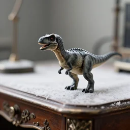 award winning photo by saul leiter of a tiny gray dinosaur standing on a fancy desk, tiny gaussian blur, insanely detailed, insanely intricate, depth of field, low contrast, snowy, wide aperture