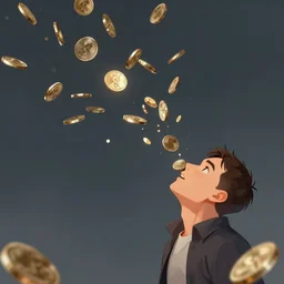 coins falling from the sky and hits a man, artstation, digital art