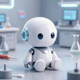 a cute rounded tiny harmless robot, made out of shiny white metal, sitting on the floor of a lab, surrounded by lab tools, messy, clueless, harmless, 3 d hyper realistic render, white neon lighting, pixar style, futuristic, science fiction, high angle close up shot, macro, technologic