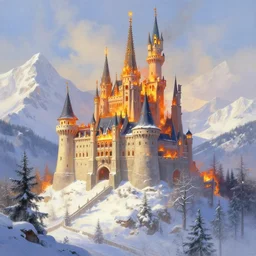 a fire castle on the snowy mountains by thomas kinkade