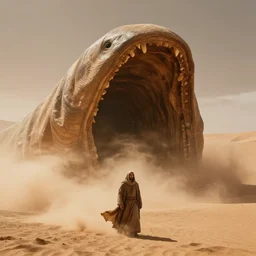 fremen standing below an enormous sand worm with open mouth in dune, cinematic lighting, volumetric dust, dramatic lighting, realistic, by jodorowsky, wide angle