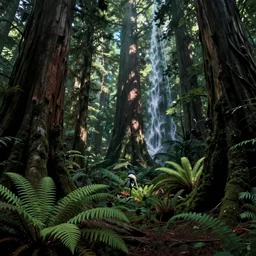 alien undergrowth overwhelming a redwood forest, ferns and waterfalls shadow of the colossus screenshot by j. c. leyendecker, simon stalenhag, studio ghibli, barlowe, audobon and beksinski