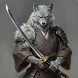 very detailed masterpiece painting of an Asian Armored Werewolf wearing Kimono holding a large Katana with light grey fur, featured in artstation, concept art by Greg Rutkowski, WLOP, Dan Mumford, Christophe Vacher
