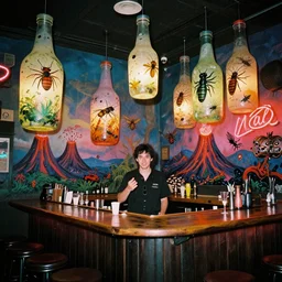 a vibrant chromatic disaster photograph of a landlord in a pub designed by 🪳 🪳 🪳, enormous inflated bottles full of insects hang from the walls and the bar is a landscape of volcanos and terror. neon licentiousness abounds, 3 5 mm film, perfect clarity and focus.