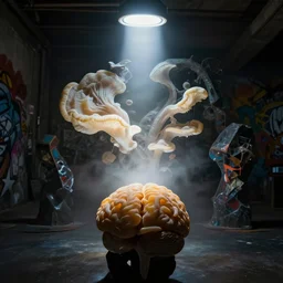 rhizomatic brain, first person view, light mode, fluorescent lamp, rembrandt lighting, deep shadows, fog and light, tremella fuciformis, diorama, abstract sculpture, street art