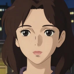 a anime portrait of a brunette woman, finely detailed features, closeup at the face, sharp focus, aesthetically pleasing art, perfect lips, night time city background, cinematic lighting, highly detailed, intricate, smooth, anime, artstation, trending on pixiv fanbox, painted by greg rutkowski, studio ghibli, yoji shinkawa, hayao miyazaki, 4 k,