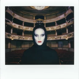 vogue giallo photoshoot of cenobite with beautiful face in magnificent abandoned theater by annie liebovitz, fritz lang, and beksinski, cursed polaroid, 3 5 mm