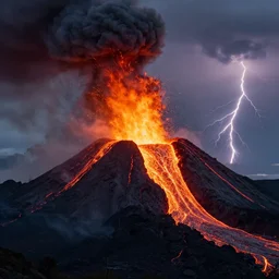 a extremely detailed volcano spewing lava and black smoke, streams of glowing hot lava, hot air refraction, flashes of lightning in the distance, photo by wayne barlow