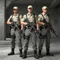 pale zombie security guard officers in beige uniform and caps with background brutalist concrete interior trending on artstation digital painting highly detailed gray pants 4 k 8 k holding bullpups hd by greg rutkowski