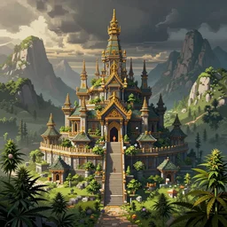 mysterious cannabis temple in the mountains, fantasy landrace landscape, extremely detailed, sharp focus, pixelart, wide view, digital illustration, by dan mumford, greg rutowski, johan grenier