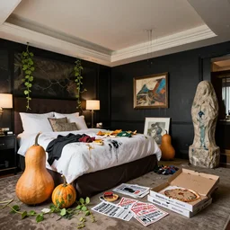gourds in a trashed luxury hotel bedroom, art supplies, clothes, vines, empty vegan pizza boxes, propaganda leaflets, a large stone sculpture, paint dripping from ceiling, black walls