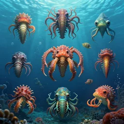 sea creature designs, Greg Rutkowski, Darek Zabrocki, Karlkka, Jayison Devadas, Phuoc Quan, trending on Artstation, 8K, ultra wide angle, pincushion lens effect