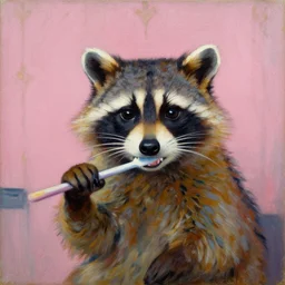 racoon brushing his teeth, pink wallpaper, oil painting in the style of edward munch and claude monet