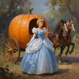 beautiful mystical digital painting a beautiful  cinderella standing in front of a pumpkin carriage with horses  by artgerm and arthur hughes