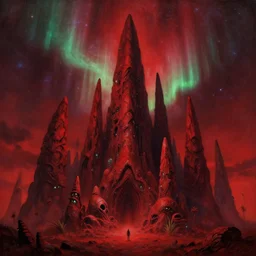 massive exotic alien monument, jagged rocks pointing to the sky, sparse plants, weird, creepy, quiet, red color scheme, andromeda krogan nebula aurora, detailed painting bioluminance alena aenami artworks in 4 kby gustave darrow, moebius!! dan mumford thomas kinkade